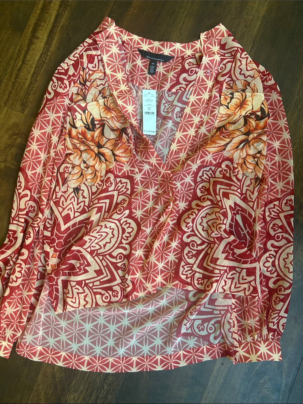White House Black Market Coral & Cream Floral V-Neck Blouse